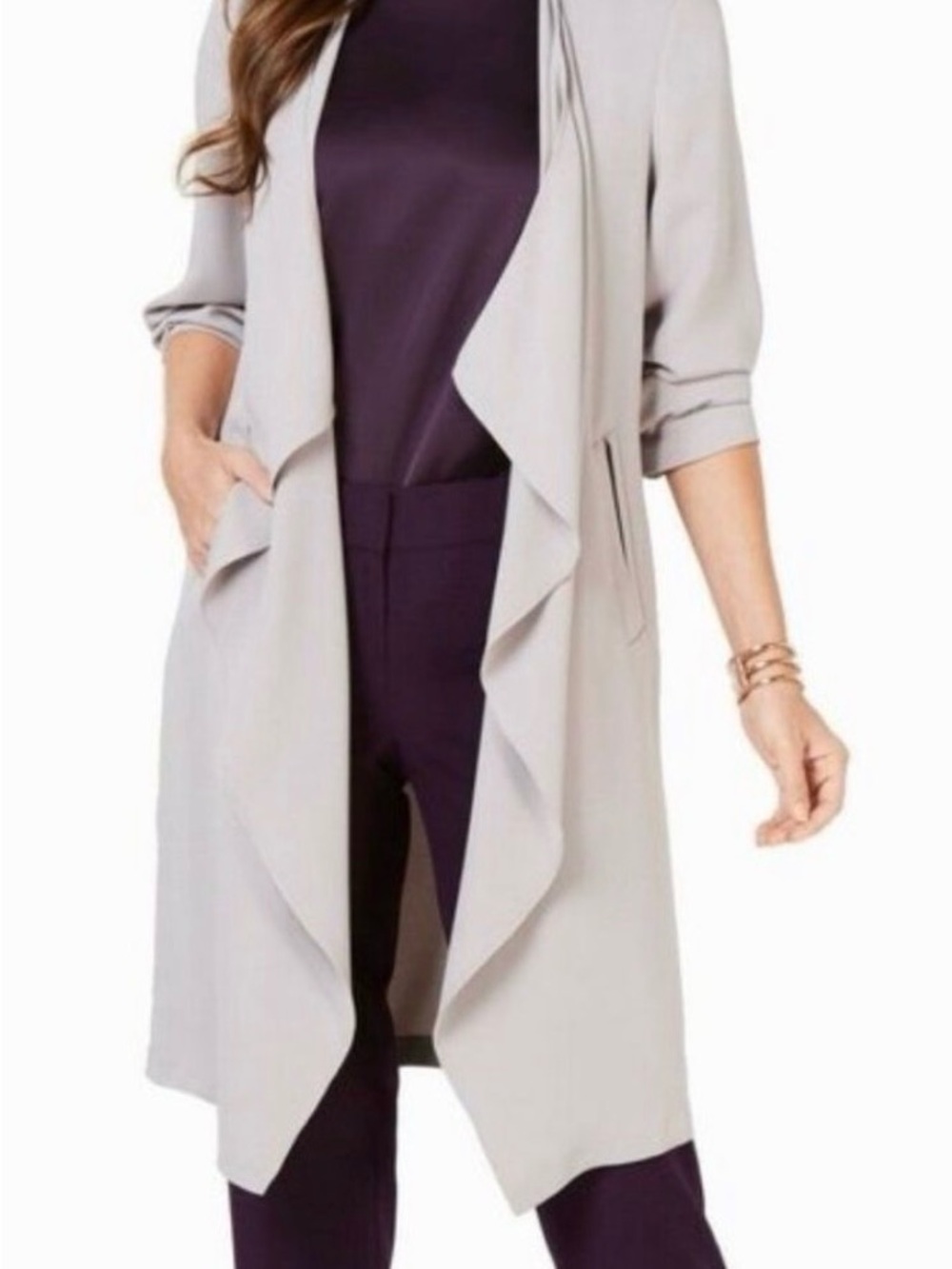 Nine West Light Gray Drape Front Longline Cardigan